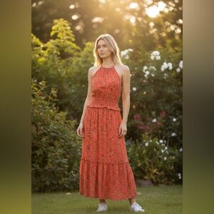 Lost + Wander Orange Floral Smocked Halter Maxi Dress NWT Size S